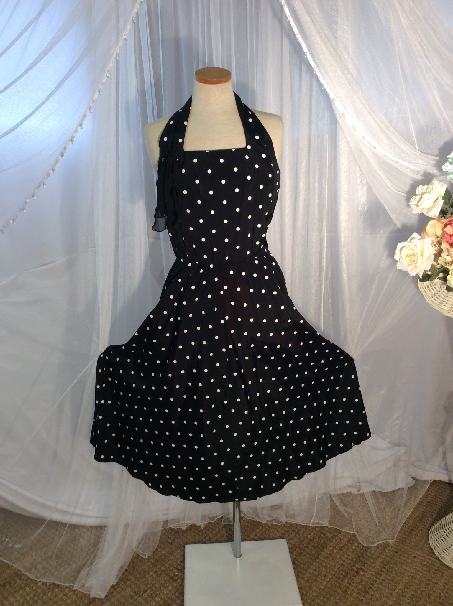 Vintage 1980's Black and White Polka Dot Halter Dress by