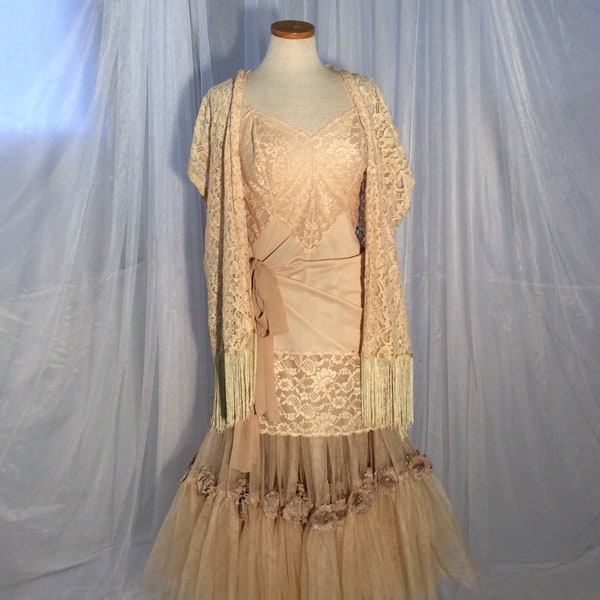 NEW SaBelle Celebration, one of a kind,   tea- dyed, 3 piece Bohemian - style wedding ensemble with lace, net and fringe