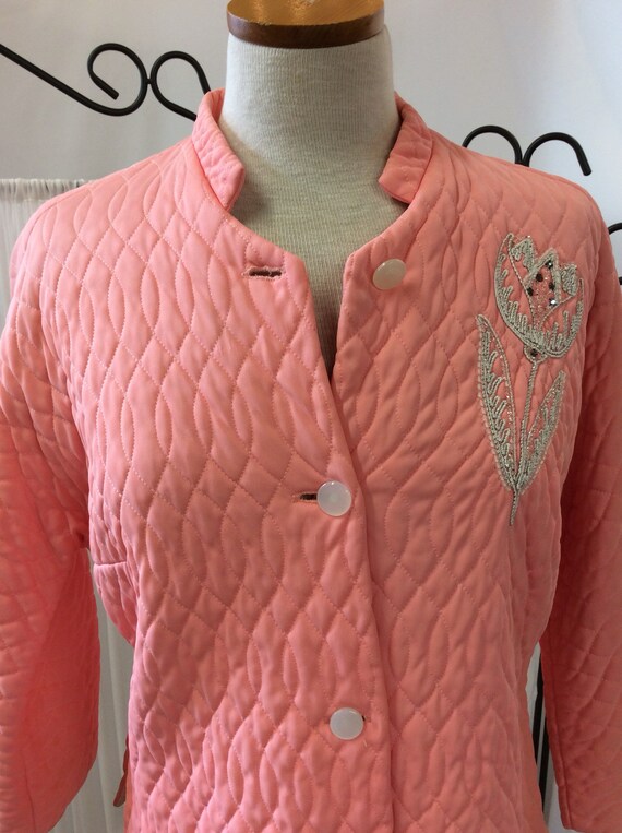 1950's Coral quilted, embellished, bed jacket, cor