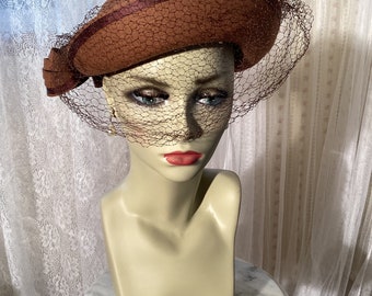 Tobacco wool felt Breton- style hat with netting and embellishments