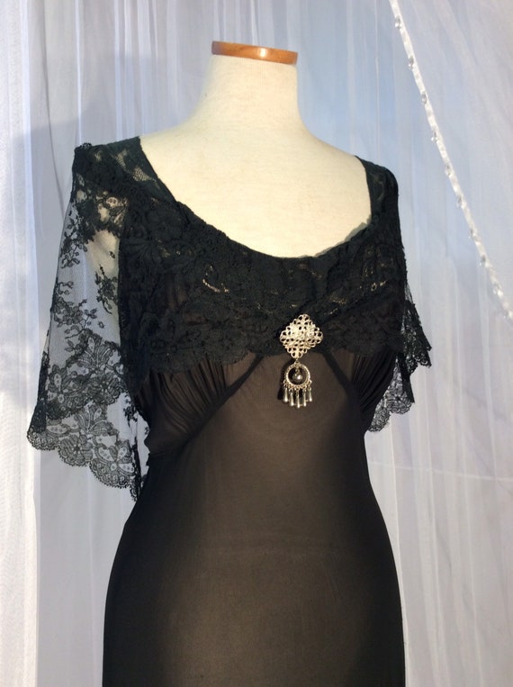 Vintage Chevette sheer black bias cut gown with fu
