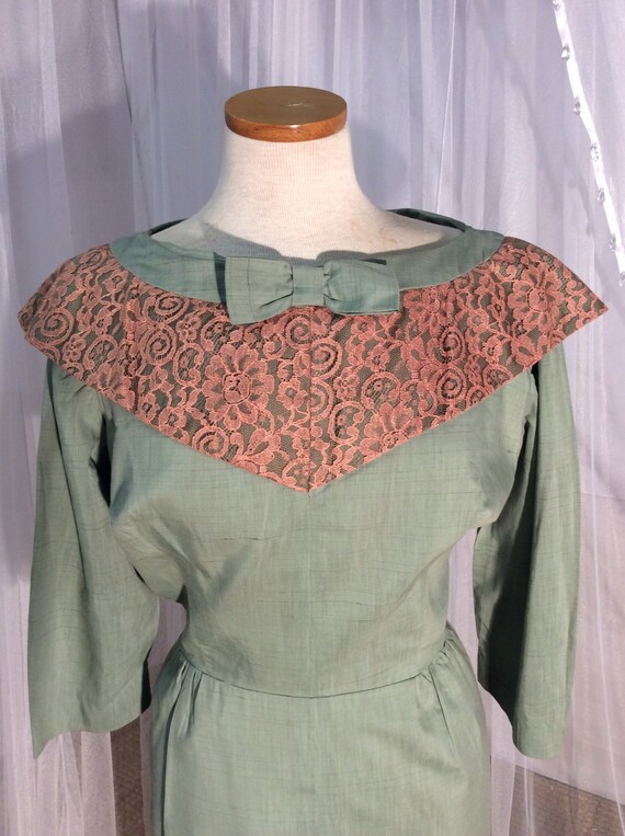 Vintage 1950’s sage green cotton & silk day dress… - image 6