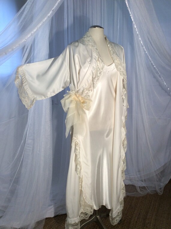 Ivory bias cut slip gown with long ruffled duster