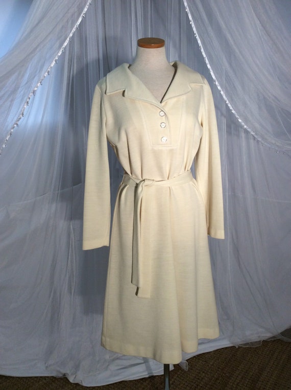 Vintage 70’s ivory knit dress with long sleeves a… - image 1