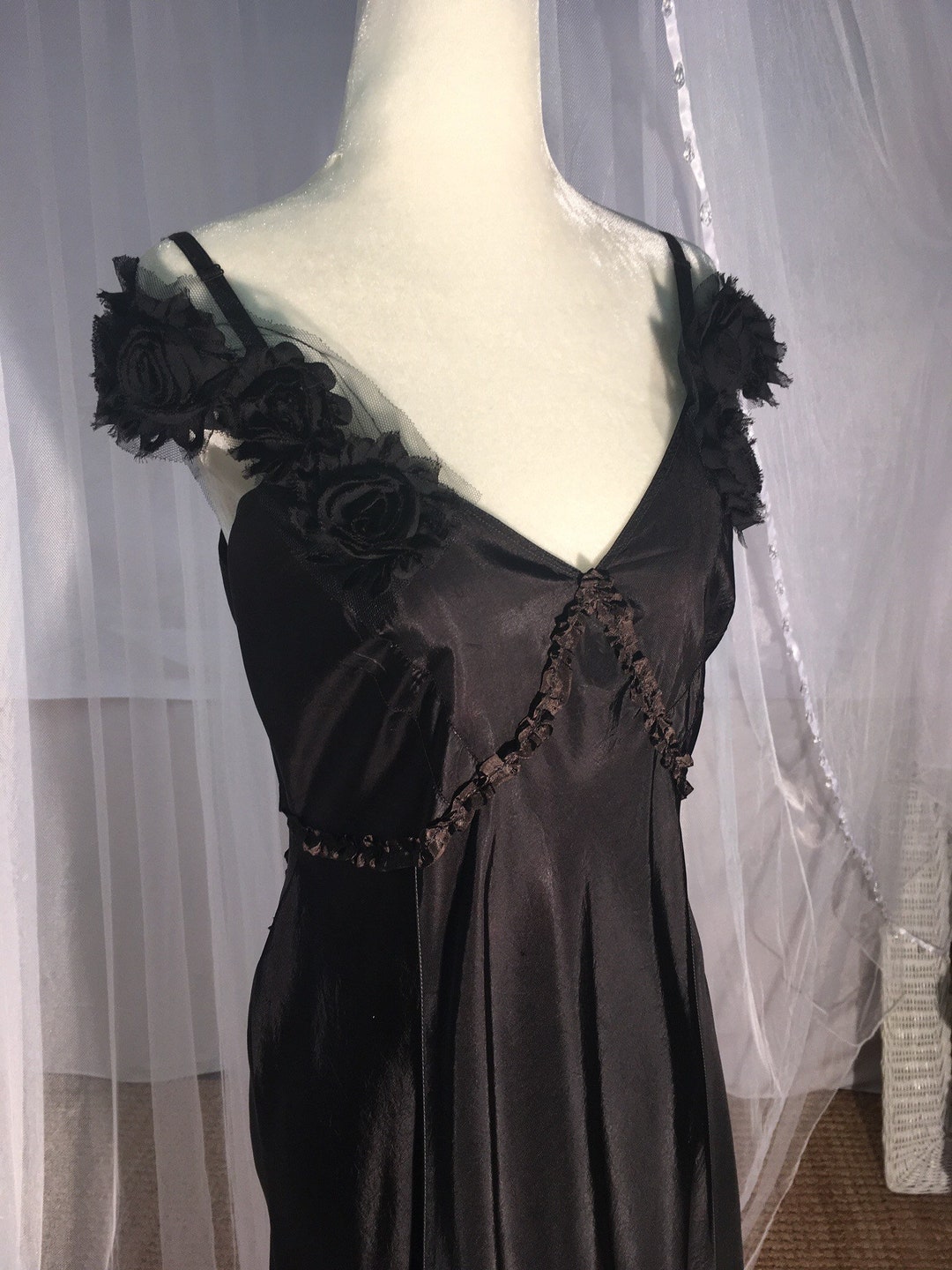Vintage 1950s Black Taffeta Slip as Dress With Rose - Etsy