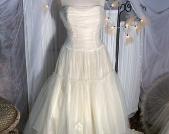 Vintage 1950's strapless, tea length, nylon chiffon and tulle wedding gown