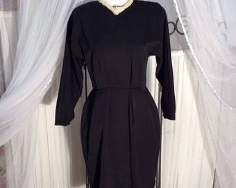Vintage 1980's black wool gabardine classic day dress with dolman sleeves