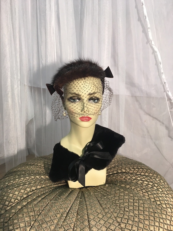 Vintage 1950’s brown fur, velvet and veiled mini h