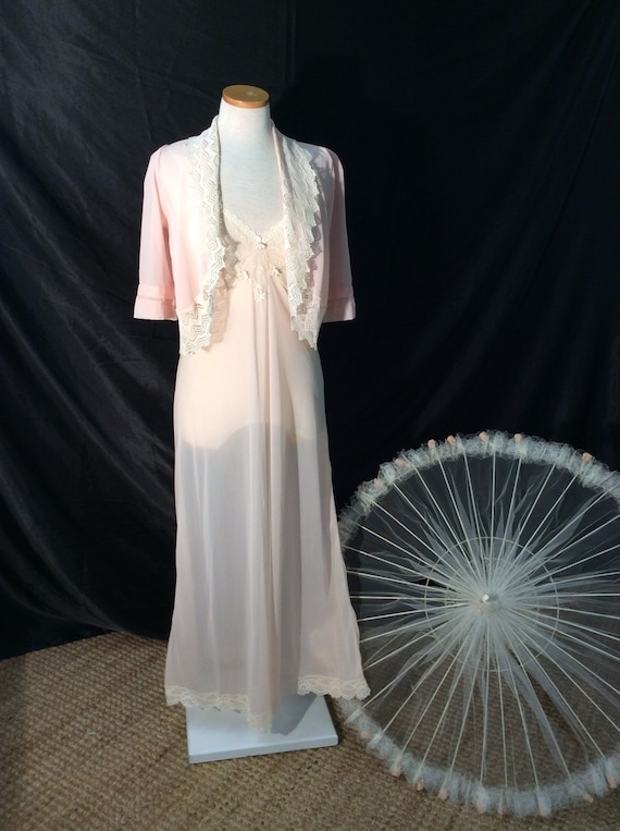 Long pink vintage slip dress and lace trimmed bole