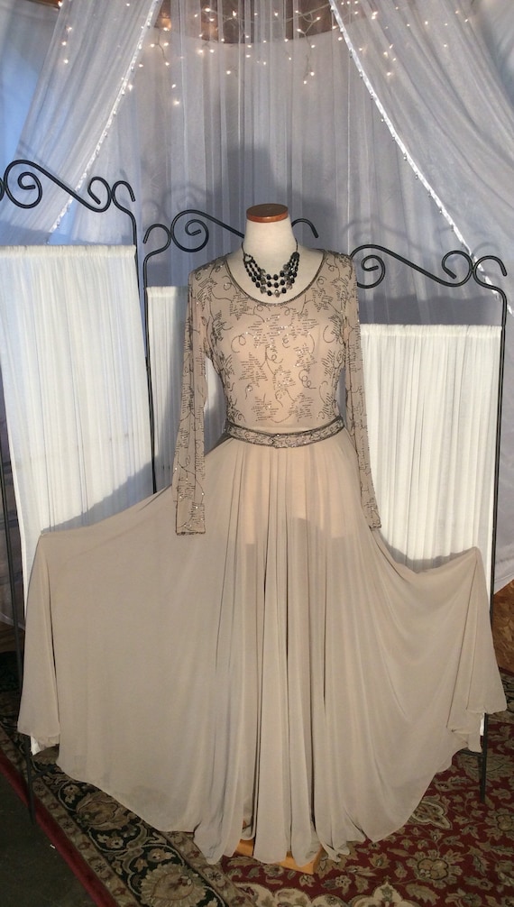 VINTAGE Long, grey, beaded, crepe, sparkle, formal