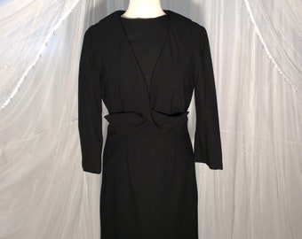 Vintage 1950’s black wool blend casual day dress, cocktail dress, theater dress.