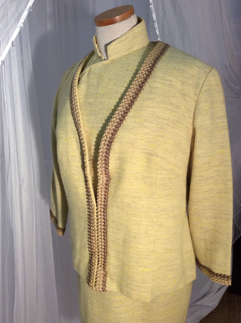 style sheath and matching jacket with gold braid trim Asian Vintage 1950\u2019s yellow wool tweed