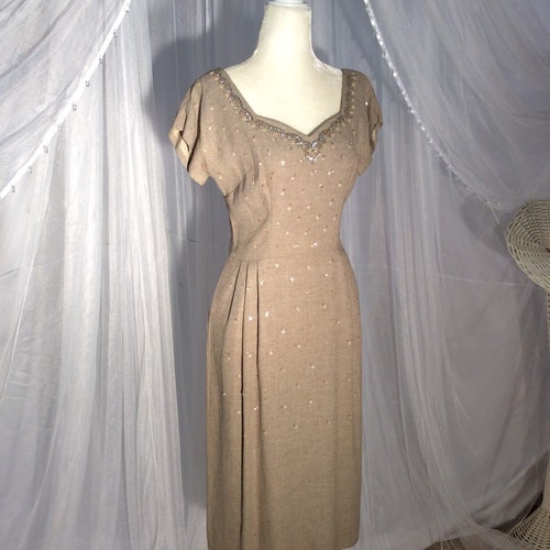 Vintage 1940’s shops Claudia Young oatmeal, soft, linen -like beaded sheath and bolero
