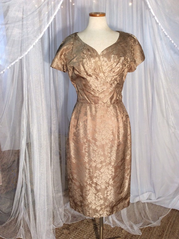 Vintage 1960's taupe brocade sheath, wiggle dress… - image 1