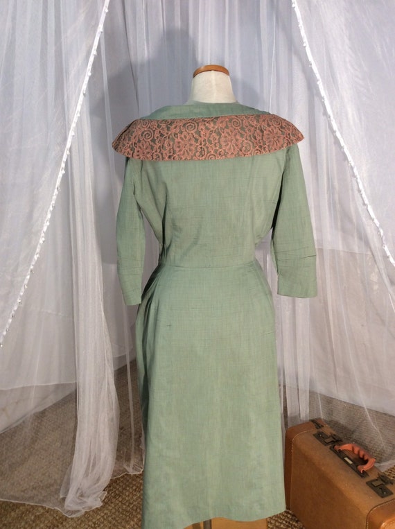 Vintage 1950’s sage green cotton & silk day dress… - image 2