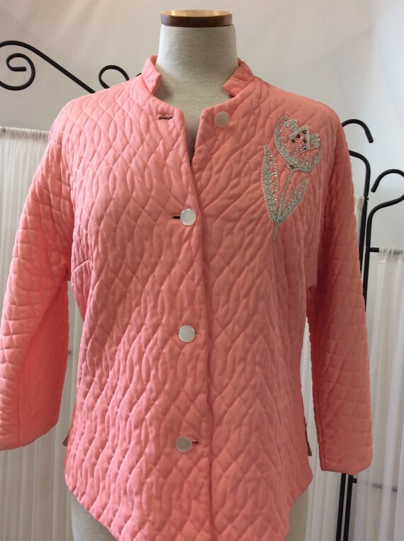 1950's Coral quilted, embellished, bed jacket, cor