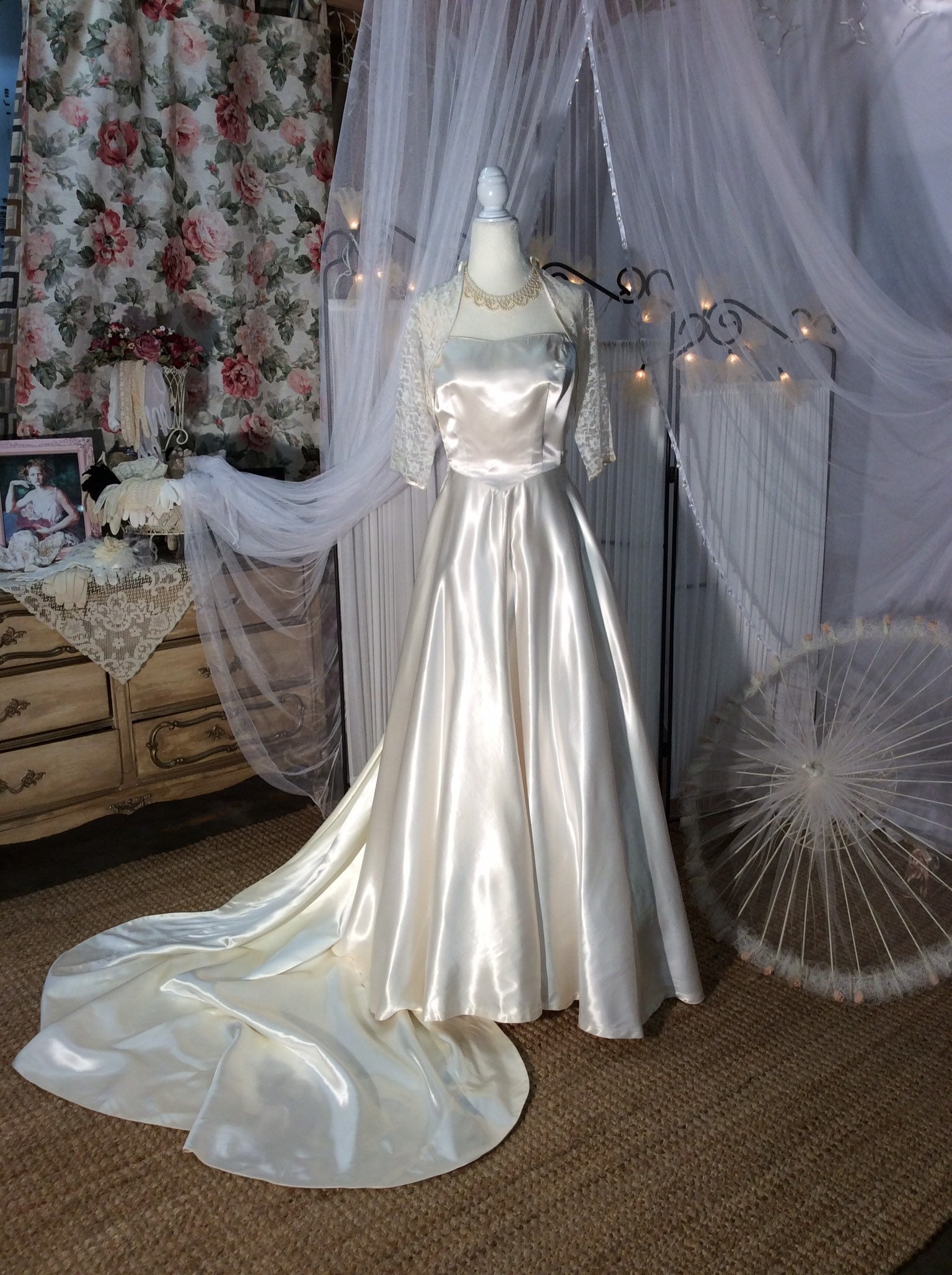 Vintage 1950's liquid satin, strapless wedding dress with train