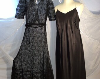 Incredible Vintage 1930’s- 1940’s ’s black lace maxi dress with horsehair trim and full slip