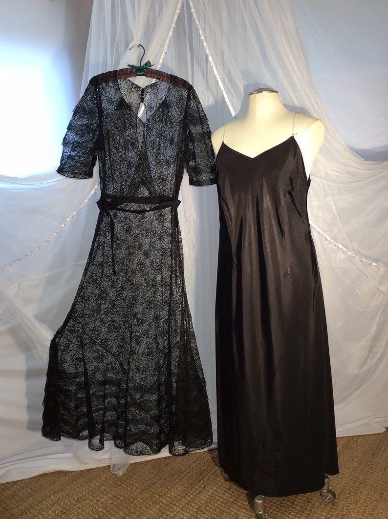 Incredible Vintage 1930s 1940s s black lace maxi dress with horsehair trim and full slip image 1