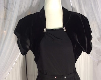 Vintage  1950's black crepe and velvet bolero style evening dress