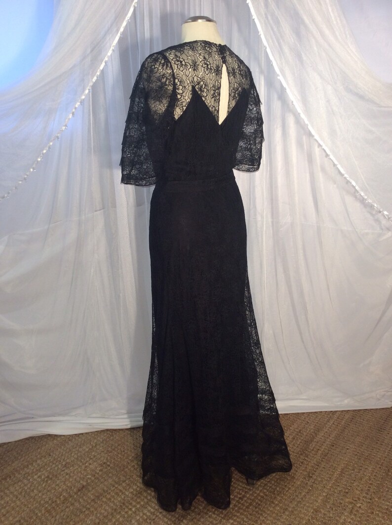 Incredible Vintage 1930s 1940s s black lace maxi dress with horsehair trim and full slip image 10