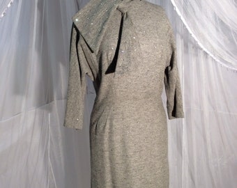 Vintage Peggy Hunt 1950’s gray wool sheath dress with rhinestones