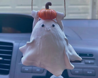 Pumpkin Ghost Car Hanging, Rearview Mirror Cute Decor, Handmade Halloween Art, Polymer Clay Kawaii Ghost '