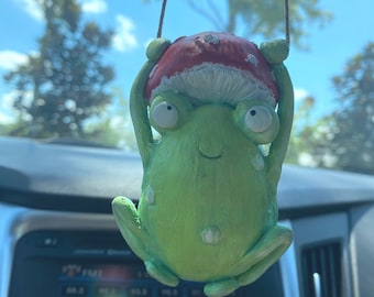 Mushroom Frog Car Hanging, Rearview Mirror Cute Decor, Handmade Kawaii Frog Art, Polymer Clay Mushroom Hat Frog