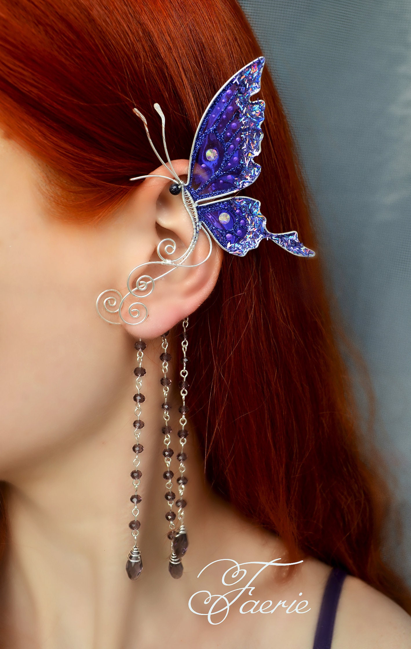 Violet butterfly ear cuff Ear cuff with chains Ear wrap Etsy