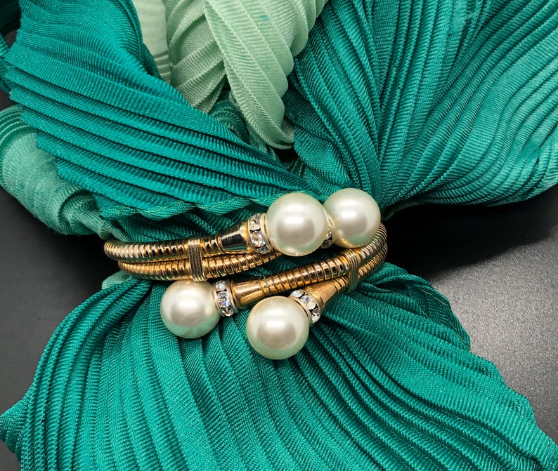 Vintage Double Coil Snake Faux Pearl and Rhinestone Crossover Bangle