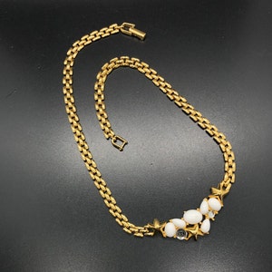 Vintage Trifari Gold Tone Metal - White Milk Glass and Cabochon Moonglow Necklace, Signed Trifari
