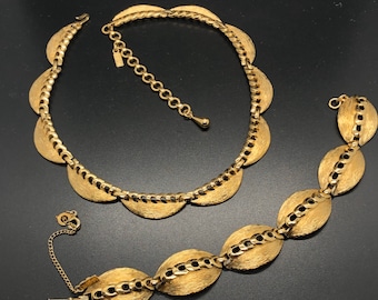 Vintage Monet Necklace and Bracelet Set, Textured Gold tone, Signed, 1960's