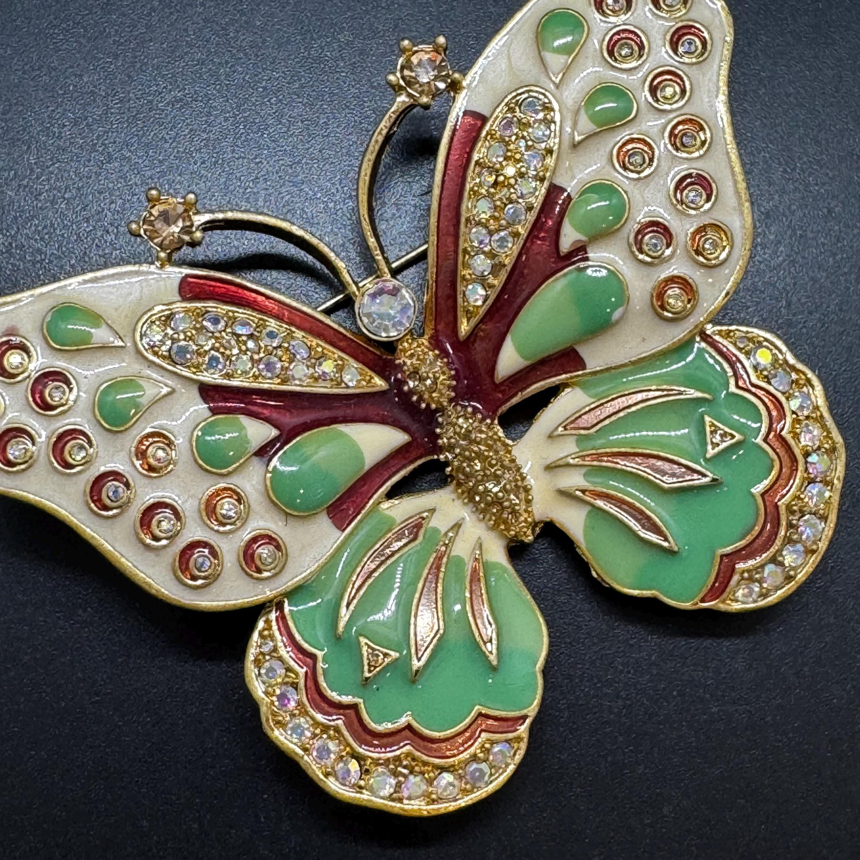 Broche Lion KJL Années 60 - Plaqué Or, émail Bleu Corail Vert - Strass Cristal