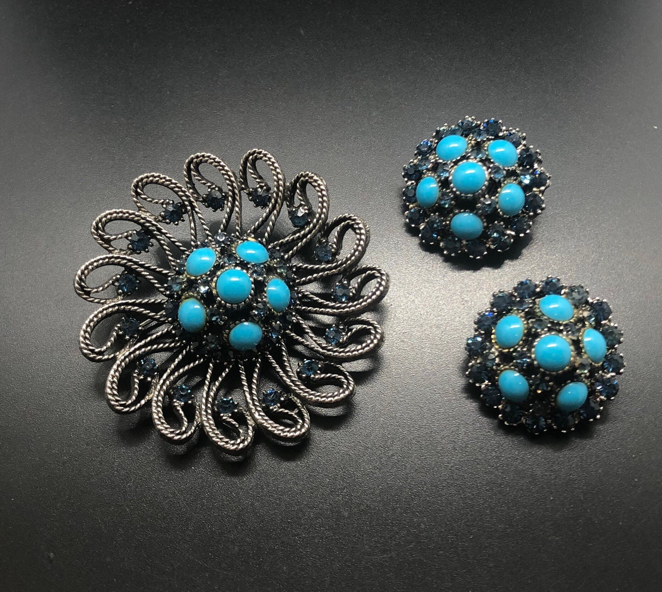 Vintage HAR Faux Turquoise & Sapphire Brooch Earring Set - Etsy