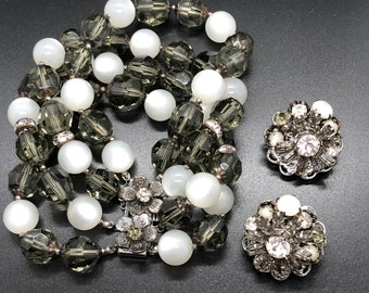 DeMario Moonglow Moonstone Glass and Grayish Green Smoky Crystal Demi Parure Set, Bracelet Earring, 4 Strand Bracelet, Clip on, Signed