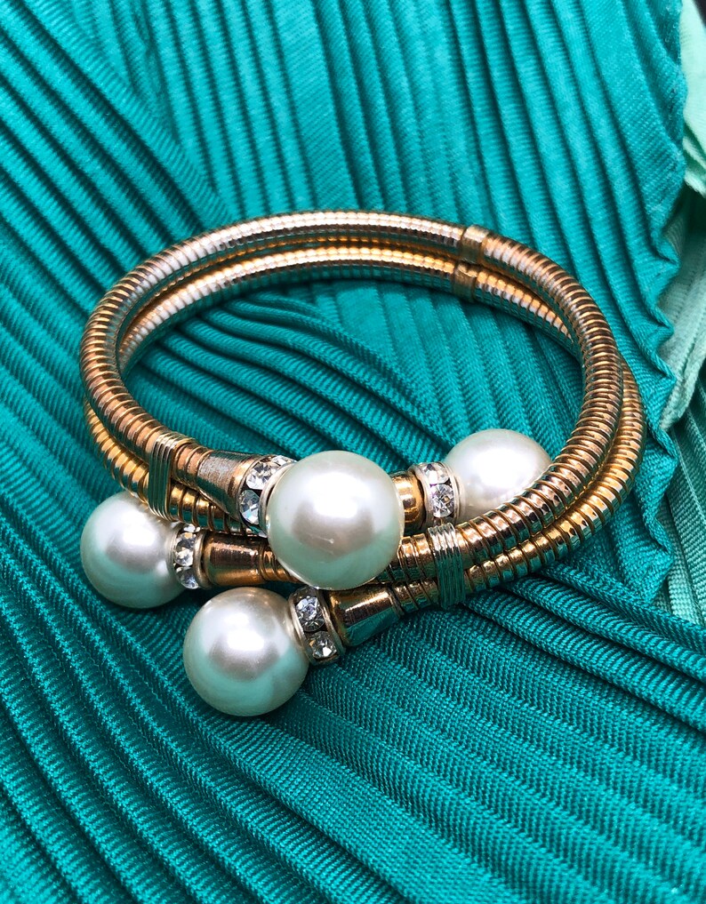 Vintage Double Coil Snake Faux Pearl and Rhinestone Crossover Bangle