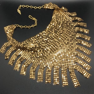Vintage Gold Tone Whiting and Davis Mesh Bib Fringe Necklace - 1970&#39;s