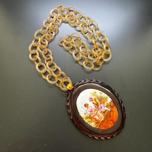 Deco Bakelite Hand Painted Cameo Pendant With Celluloid Chain