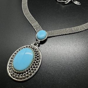 Vintage Park Lane Mesh Silver Tone and Faux Turquoise Necklace, Signed