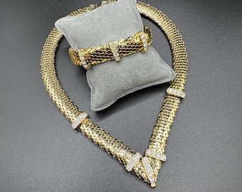 Vintage Necklace Cuff Bracelet Set | Attributed Whiting & Davis | Rhinestone Bar Stations | 1960s–80s