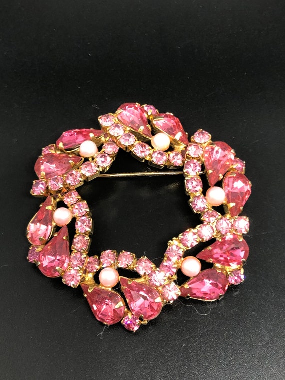 Vintage Pink Rhinestone and Faux Pearl Brooch