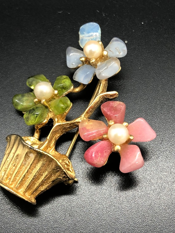 Vintage Swoboda Semi-Precious Gemstone and Freshwater Pearl Flower Basket Brooch in Gold Tone - Signed