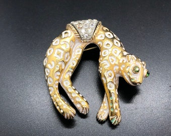 Broche de leopardo moteado vintage de Florenza con pedrería, firmado