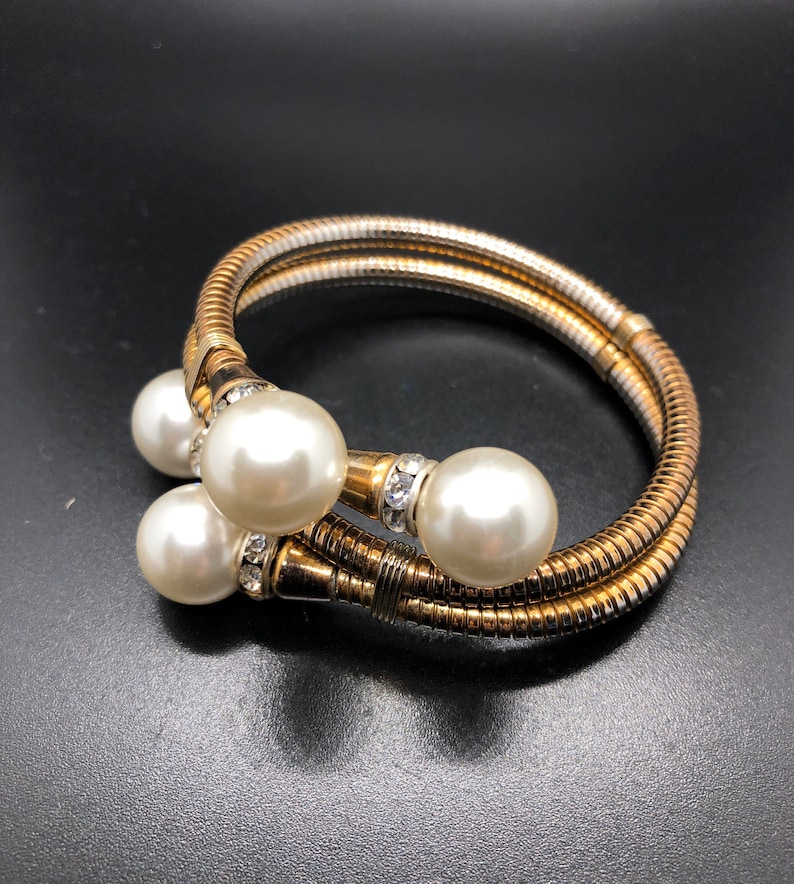 Vintage Double Coil Snake Faux Pearl and Rhinestone Crossover Bangle