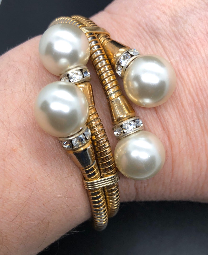 Vintage Double Coil Snake Faux Pearl and Rhinestone Crossover Bangle