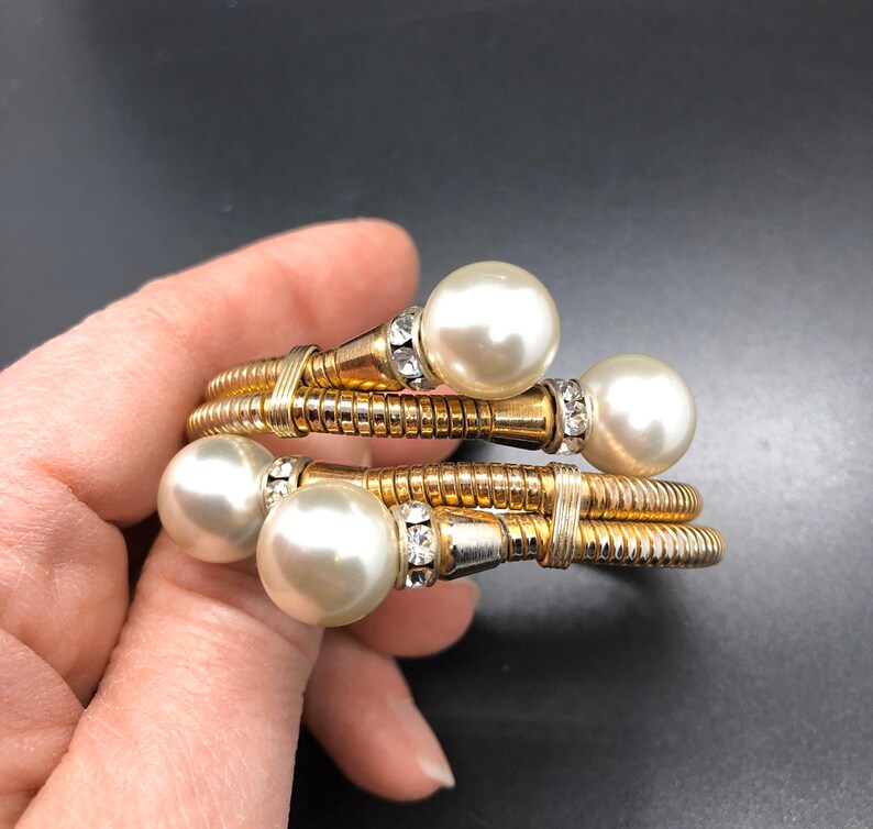 Vintage Double Coil Snake Faux Pearl and Rhinestone Crossover Bangle
