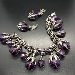 Vintage Napier Faceted Faux Amethyst Charm Bracelet With Matching Earrings, Signed Napier
