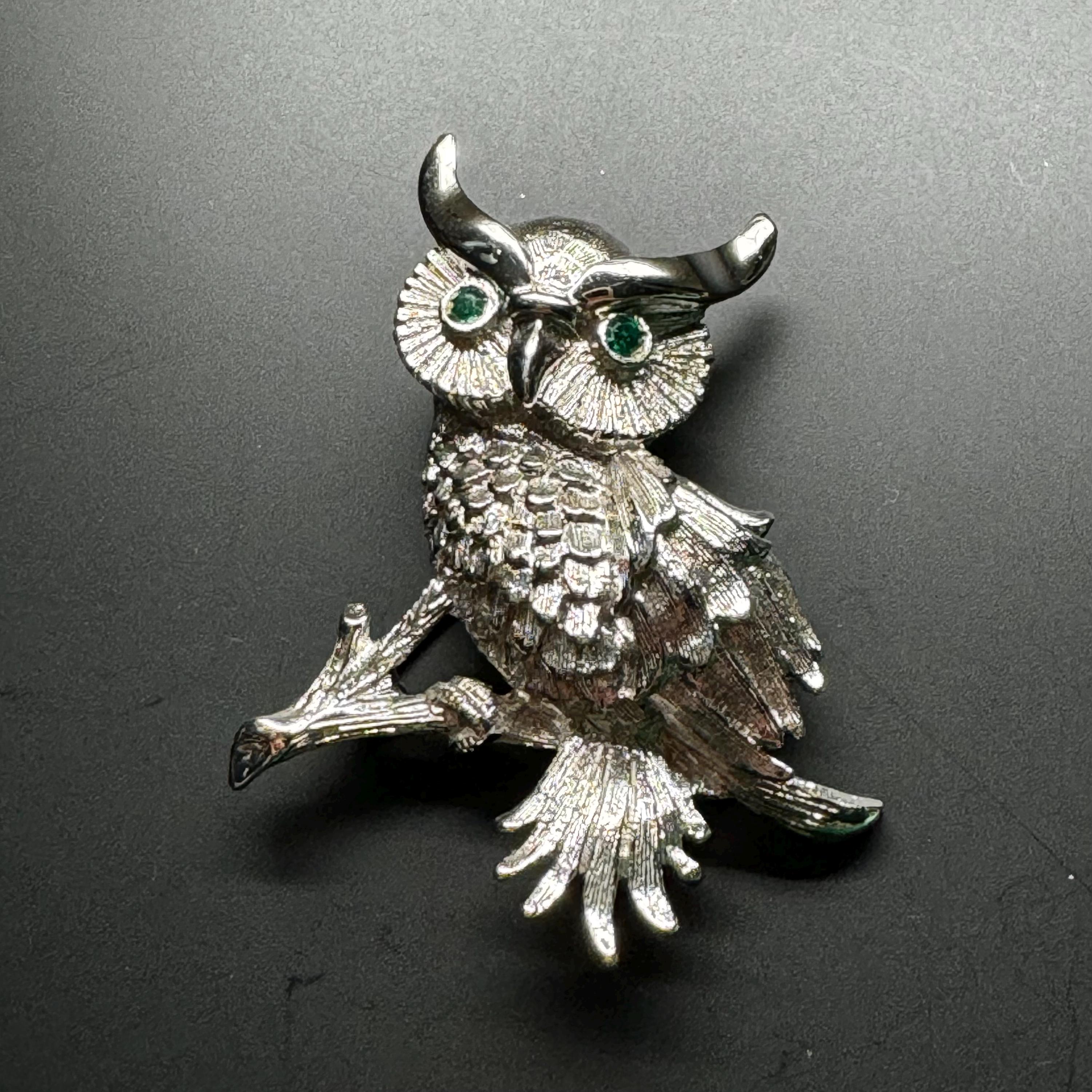 Vintage Monet Silver Tone Owl Brooch With Green Rhinestone Eyes, Signed