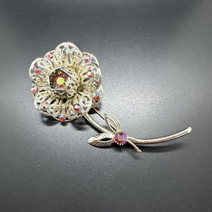 Vintage Signed Sarah Coventry Large Flower Brooch With Red Aurora