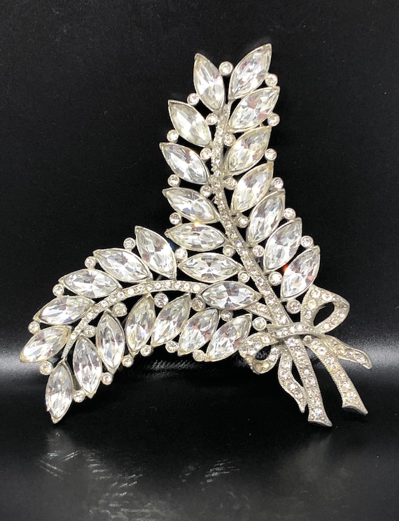 Vintage Large Double Leaf Feather Clear Crystal Rh
